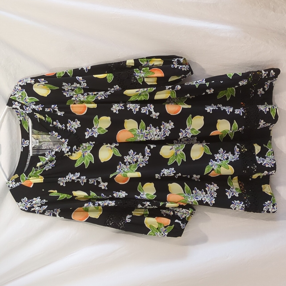 Crown & Ivy | Citrus Floral Print on Black Swing Dress with Lace Mini Pom | XLP